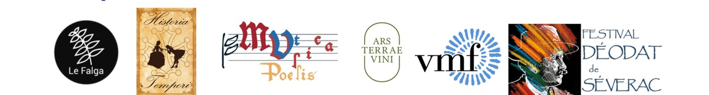 Logos des partenaires : Château du Falga, Historia Tempori, Ut Musica Poesis, Ars Terrae Vini, VMF, Festival Déodat de Séverac